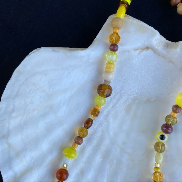 Amber Waves Brown & Yellow Beaded Necklace Mixed Beads Evil Eye Wood Glass Gold - Picture 6 of 9